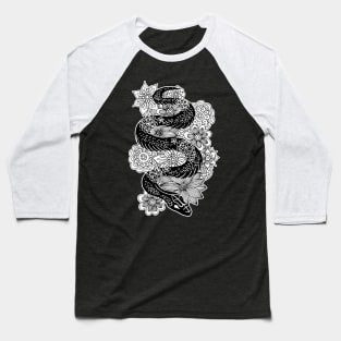 Snake with Flowers Black and White Drawing Baseball T-Shirt